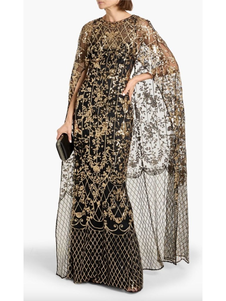 Marchesa Notte $1,095 Cape-Effect Embellished Tulle Gown Sz 16 Black Gold Sequin